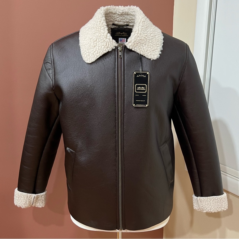 Brown Leather Bomber Jacket with Shearling Collar